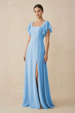 Chiffon A - Line Long Bridesmaid Dress with Flutter Sleeves in Steel Blue - SHE IS ME Bridesmaid Dresses
