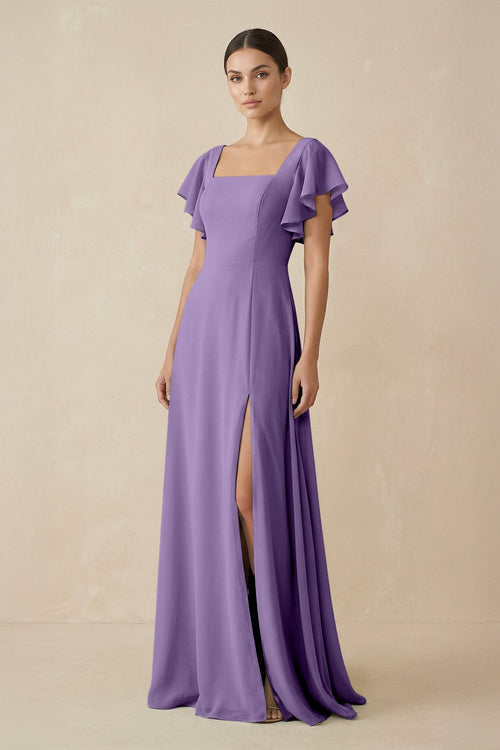 Chiffon A - Line Long Bridesmaid Dress with Flutter Sleeves in Tahiti - SHE IS ME Bridesmaid Dresses