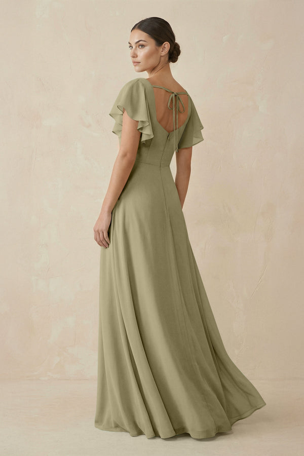Chiffon A - Line Long Bridesmaid Dress with Flutter Sleeves in Thyme - SHE IS ME Bridesmaid Dresses