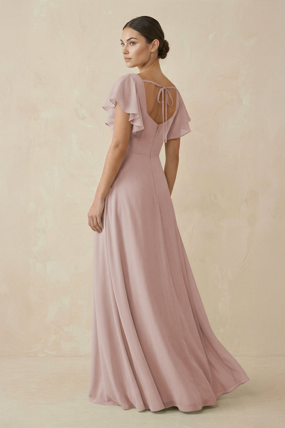 Chiffon A-Line Long Bridesmaid Dress with Flutter Sleeves in Toffee