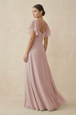 Chiffon A-Line Long Bridesmaid Dress with Flutter Sleeves in Toffee (2) | KISSBRIDAL