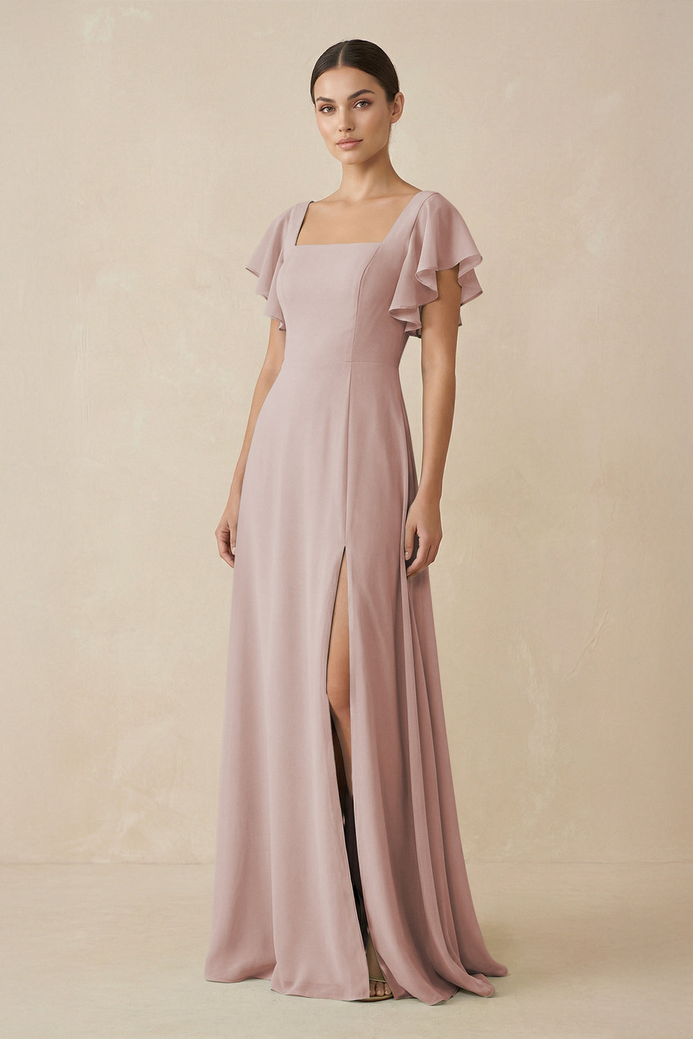 Chiffon A-Line Long Bridesmaid Dress with Flutter Sleeves in Toffee