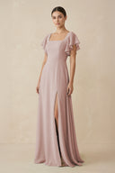 Chiffon A-Line Long Bridesmaid Dress with Flutter Sleeves in Toffee | KISSBRIDAL