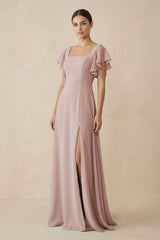 Chiffon A-Line Long Bridesmaid Dress with Flutter Sleeves in Toffee | KISSBRIDAL