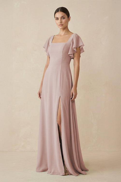 Chiffon A-Line Long Bridesmaid Dress with Flutter Sleeves in Toffee | KISSBRIDAL