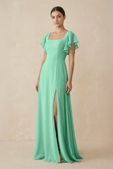 Chiffon A - Line Long Bridesmaid Dress with Flutter Sleeves in Turquoise - KISS BRIDAL Bridesmaid Dresses