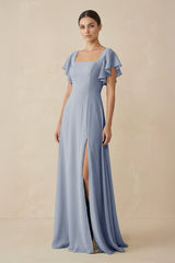 Chiffon A - Line Long Bridesmaid Dress with Flutter Sleeves in Twilight - KISS BRIDAL Bridesmaid Dresses