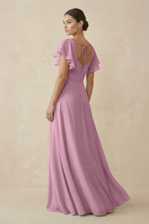 Chiffon A - Line Long Bridesmaid Dress with Flutter Sleeves in Vintage Mauve - SHE IS ME Bridesmaid Dresses