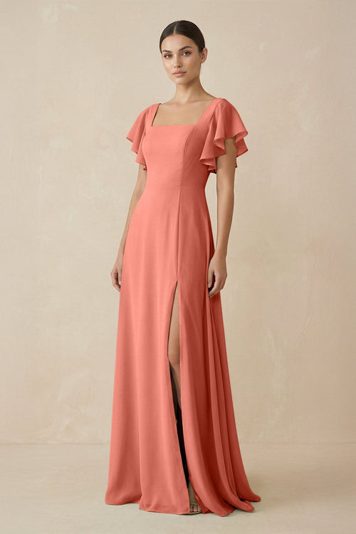 Chiffon A - Line Long Bridesmaid Dress with Flutter Sleeves in Wild Rose - SHE IS ME Bridesmaid Dresses