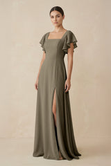 Chiffon A - Line Long Bridesmaid Dress with Flutter Sleeves in Willow Green - KISS BRIDAL Bridesmaid Dresses
