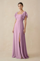 Chiffon A - Line Long Bridesmaid Dress with Flutter Sleeves in Wisteria - KISS BRIDAL Bridesmaid Dresses