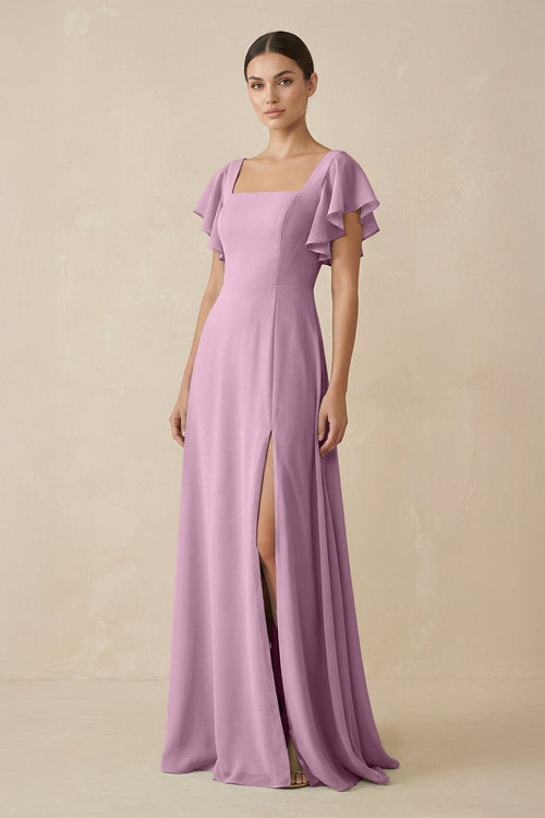 Chiffon A - Line Long Bridesmaid Dress with Flutter Sleeves in Wisteria - SHE IS ME Bridesmaid Dresses