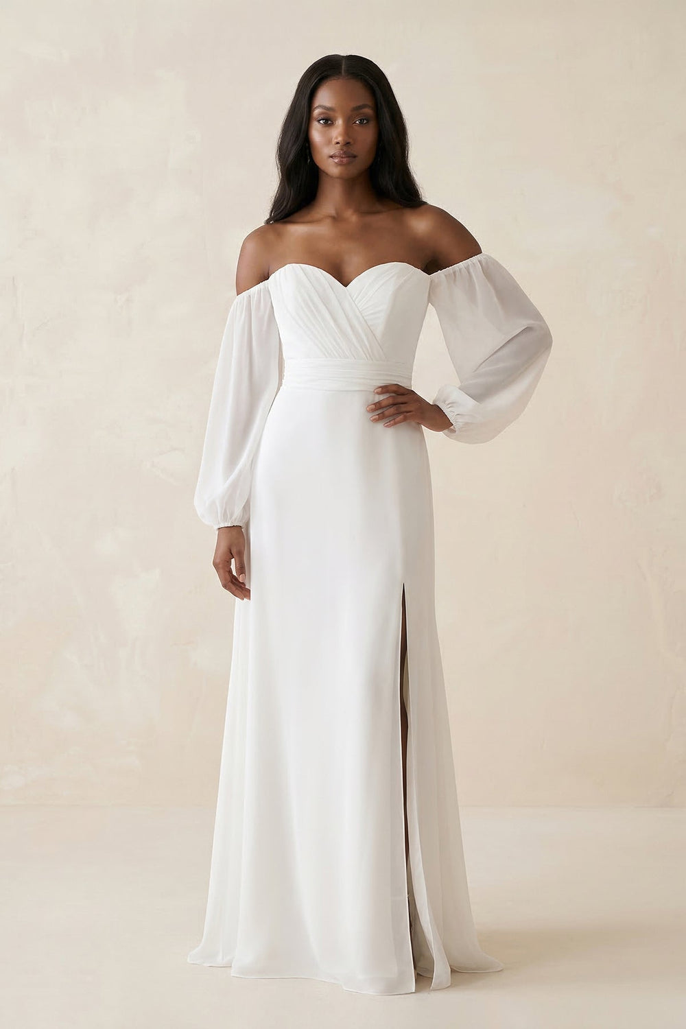Chiffon A - Line Off - the - Shoulder Wedding Dress With Slit in White - KISS BRIDAL Wedding Dresses