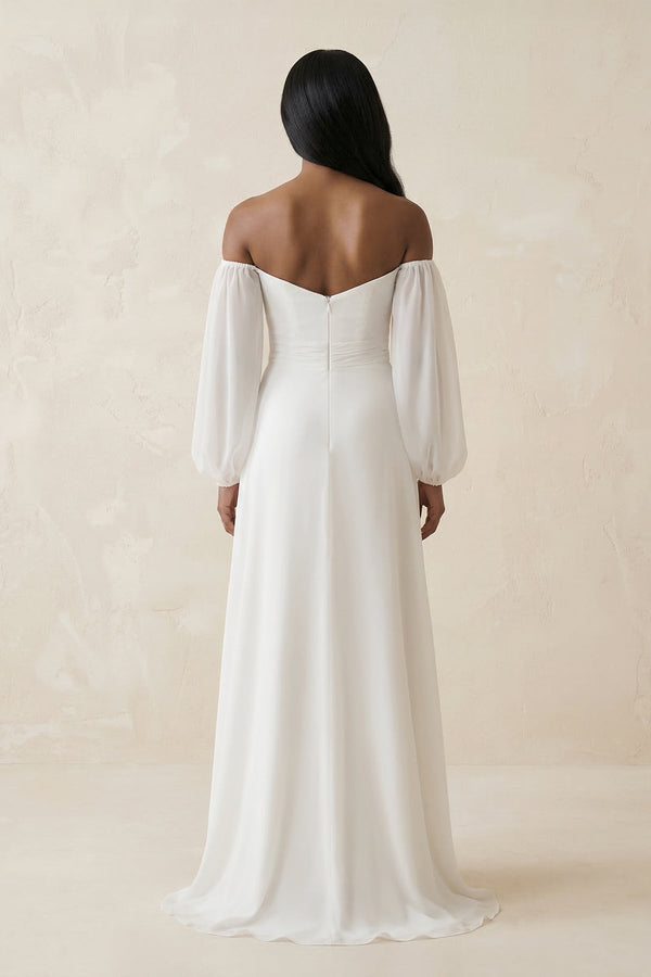 Chiffon A - Line Off - the - Shoulder Wedding Dress With Slit in White - SHE IS ME Wedding Dresses