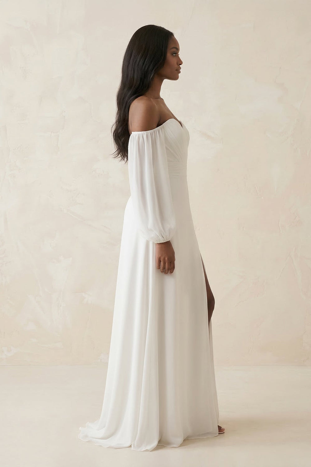 Chiffon A - Line Off - the - Shoulder Wedding Dress With Slit in White - KISS BRIDAL Wedding Dresses
