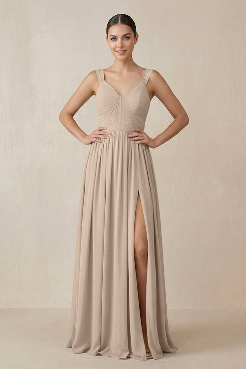 Chiffon A - Line Pleated Bridesmaid Dress in Almond - SHE IS ME Bridesmaid Dresses
