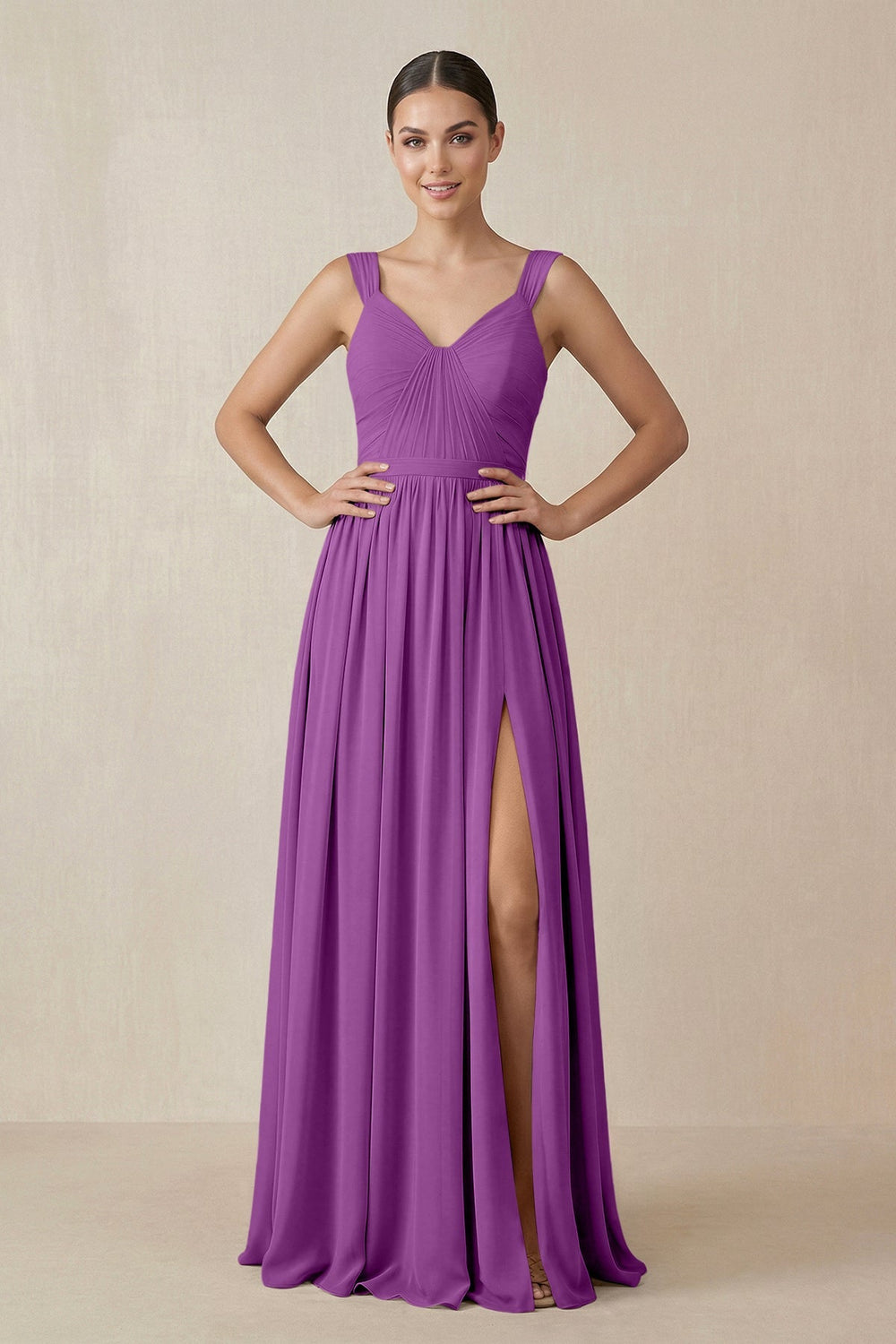 Chiffon A - Line Pleated Bridesmaid Dress in Amethyst - KISS BRIDAL Bridesmaid Dresses
