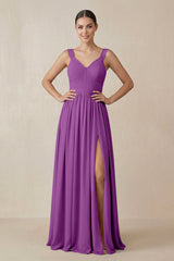 Chiffon A - Line Pleated Bridesmaid Dress in Amethyst - KISS BRIDAL Bridesmaid Dresses