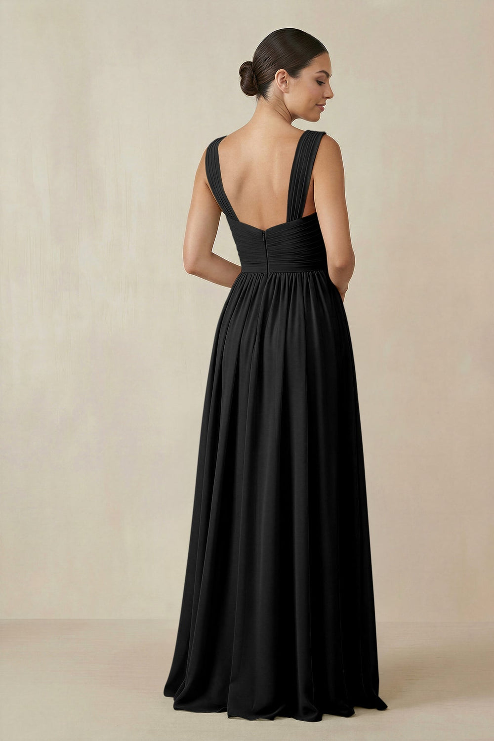 Chiffon A - Line Pleated Bridesmaid Dress in Black - KISS BRIDAL Bridesmaid Dresses