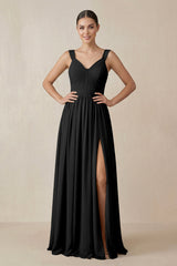 Chiffon A - Line Pleated Bridesmaid Dress in Black - KISS BRIDAL Bridesmaid Dresses