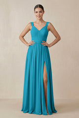 Chiffon A - Line Pleated Bridesmaid Dress in Blue Jay - KISS BRIDAL Bridesmaid Dresses