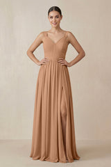 Chiffon A - Line Pleated Bridesmaid Dress in Bronzer - KISS BRIDAL Bridesmaid Dresses