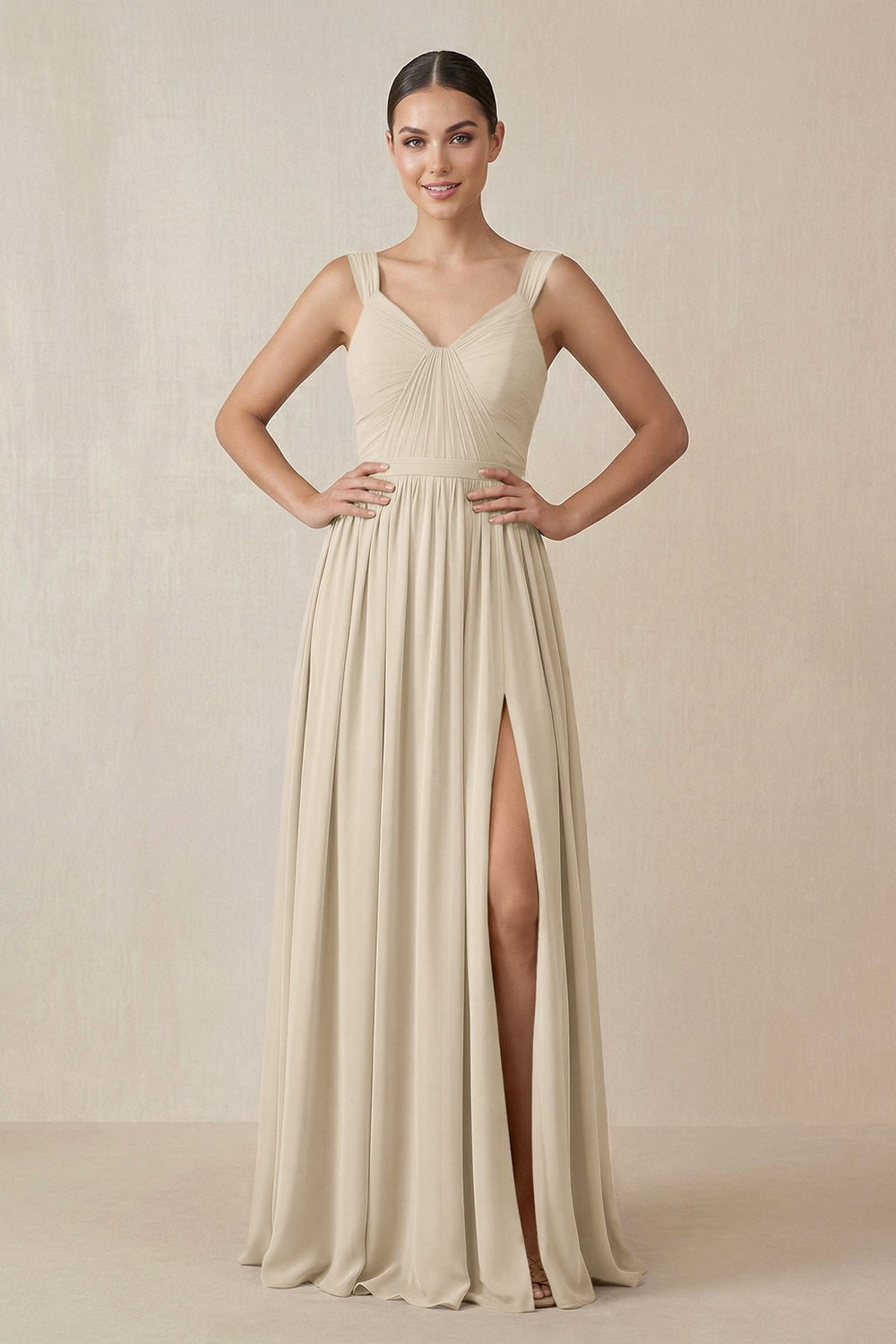 Chiffon A - Line Pleated Bridesmaid Dress in Champagne - KISS BRIDAL Bridesmaid Dresses