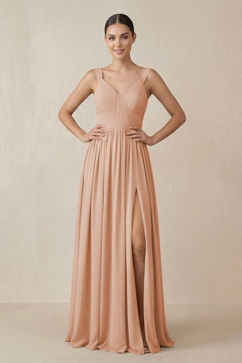 Chiffon A - Line Pleated Bridesmaid Dress in Champagne Rose - KISS BRIDAL Bridesmaid Dresses