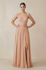 Chiffon A - Line Pleated Bridesmaid Dress in Champagne Rose - KISS BRIDAL Bridesmaid Dresses