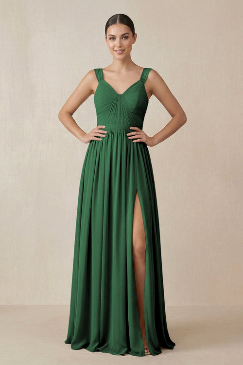 Chiffon A - Line Pleated Bridesmaid Dress in Dark Green - SHE IS ME Bridesmaid Dresses