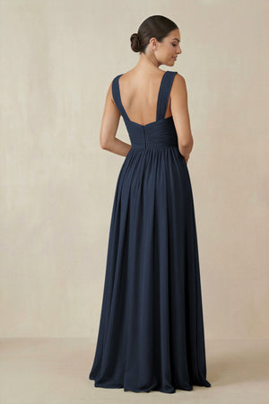 Chiffon A - Line Pleated Bridesmaid Dress in Dark Navy - SHE IS ME Bridesmaid Dresses