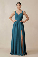 Chiffon A - Line Pleated Bridesmaid Dress in Dark Teal - KISS BRIDAL Bridesmaid Dresses