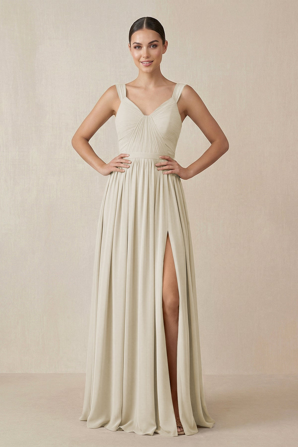 Chiffon A - Line Pleated Bridesmaid Dress in Dove Gray - KISS BRIDAL Bridesmaid Dresses