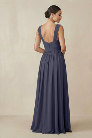Chiffon A - Line Pleated Bridesmaid Dress in Dusk Blue - SHE IS ME Bridesmaid Dresses