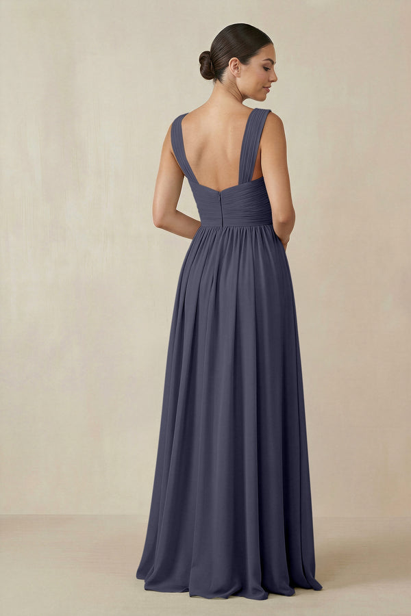 Chiffon A - Line Pleated Bridesmaid Dress in Dusk Blue - SHE IS ME Bridesmaid Dresses