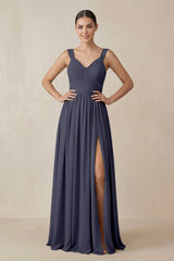 Chiffon A - Line Pleated Bridesmaid Dress in Dusk Blue - KISS BRIDAL Bridesmaid Dresses
