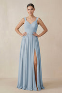 Chiffon A - Line Pleated Bridesmaid Dress in Dusty Blue - SHE IS ME Bridesmaid Dresses