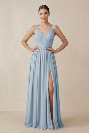 Chiffon A - Line Pleated Bridesmaid Dress in Dusty Blue - SHE IS ME Bridesmaid Dresses