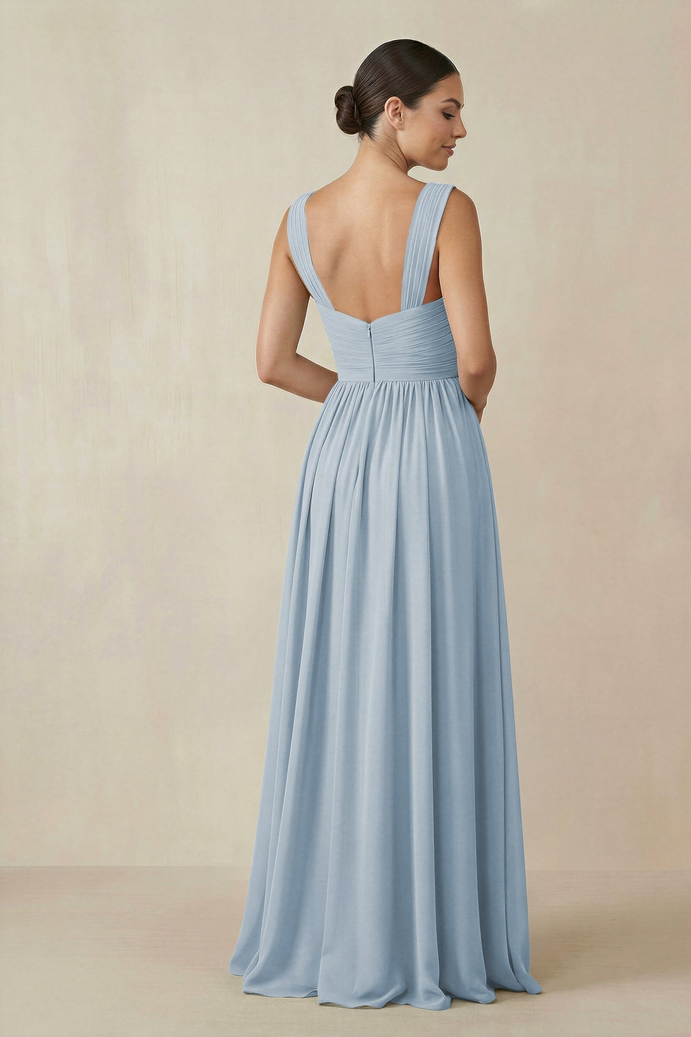 Chiffon A - Line Pleated Bridesmaid Dress in Dusty Blue - KISS BRIDAL Bridesmaid Dresses