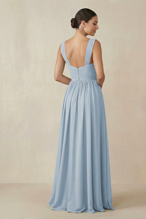 Chiffon A - Line Pleated Bridesmaid Dress in Dusty Blue - SHE IS ME Bridesmaid Dresses
