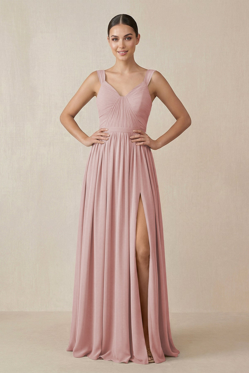 Chiffon A - Line Pleated Bridesmaid Dress in Dusty Rose - KISS BRIDAL Bridesmaid Dresses