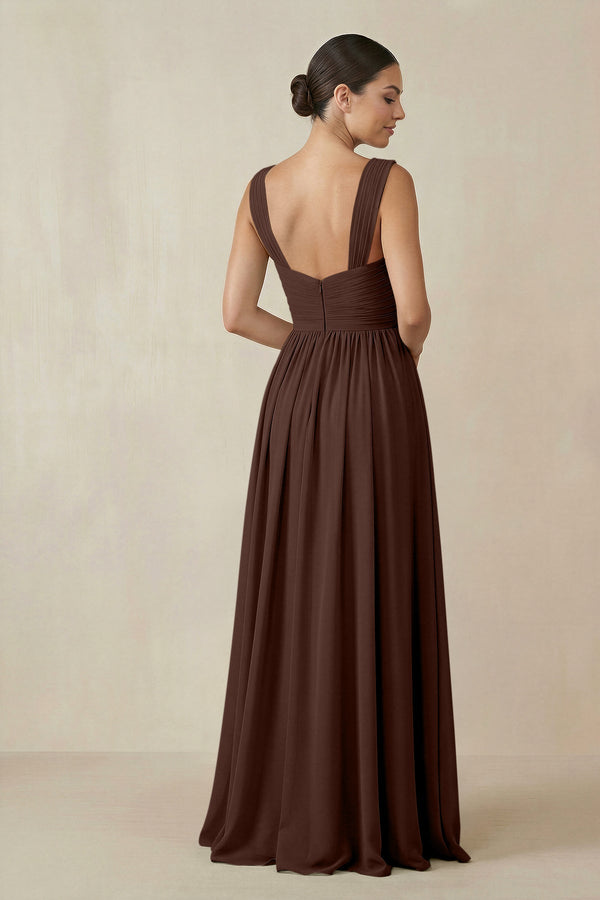 Chiffon A - Line Pleated Bridesmaid Dress in Espresso - SHE IS ME Bridesmaid Dresses
