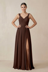 Chiffon A - Line Pleated Bridesmaid Dress in Espresso - KISS BRIDAL Bridesmaid Dresses
