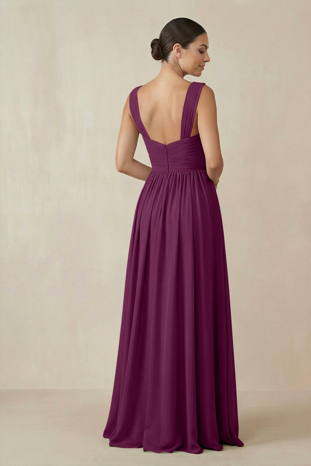 Chiffon A - Line Pleated Bridesmaid Dress in Fig - KISS BRIDAL Bridesmaid Dresses
