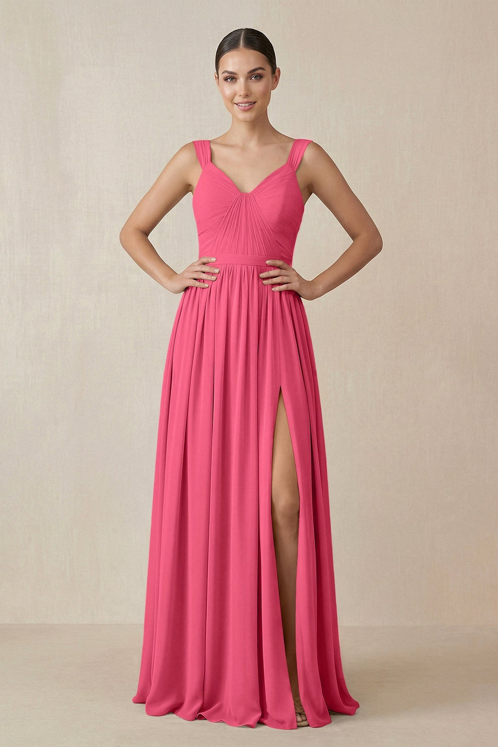Chiffon A - Line Pleated Bridesmaid Dress in Fuchsia - KISS BRIDAL Bridesmaid Dresses