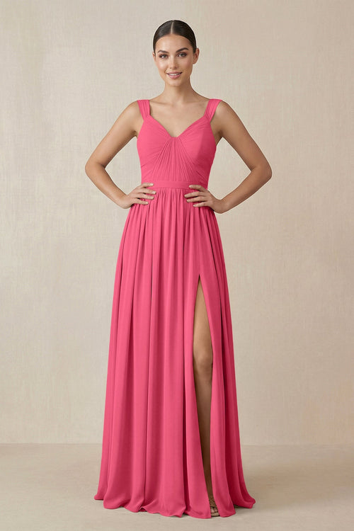 Chiffon A - Line Pleated Bridesmaid Dress in Fuchsia - SHE IS ME Bridesmaid Dresses