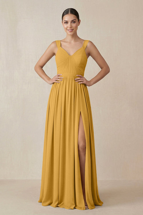 Chiffon A - Line Pleated Bridesmaid Dress in Marigold - SHE IS ME Bridesmaid Dresses