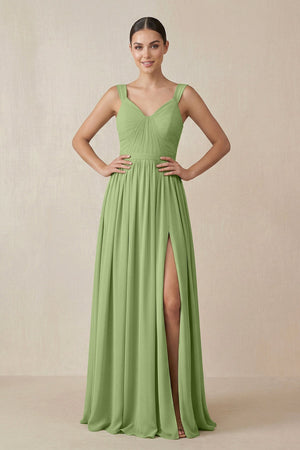 Chiffon A - Line Pleated Bridesmaid Dress in Matcha - SHE IS ME Bridesmaid Dresses