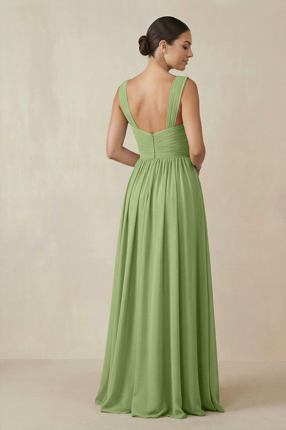 Chiffon A - Line Pleated Bridesmaid Dress in Matcha - SHE IS ME Bridesmaid Dresses