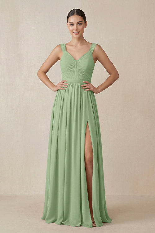Chiffon A - Line Pleated Bridesmaid Dress in Matcha - KISS BRIDAL Bridesmaid Dresses